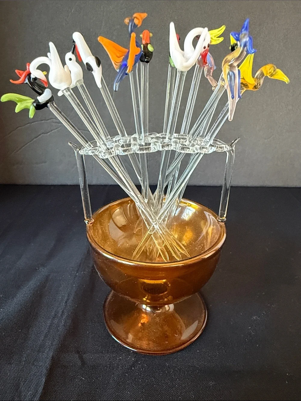 Lauscha Germany Hand Blown Glass Bird  Cocktail Pick Set W/Amber Holder.